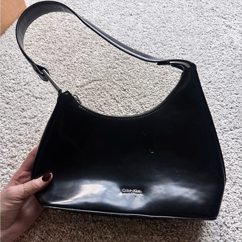 Calvin Klein Black Patent Shoulder Bag with Silver Logo
